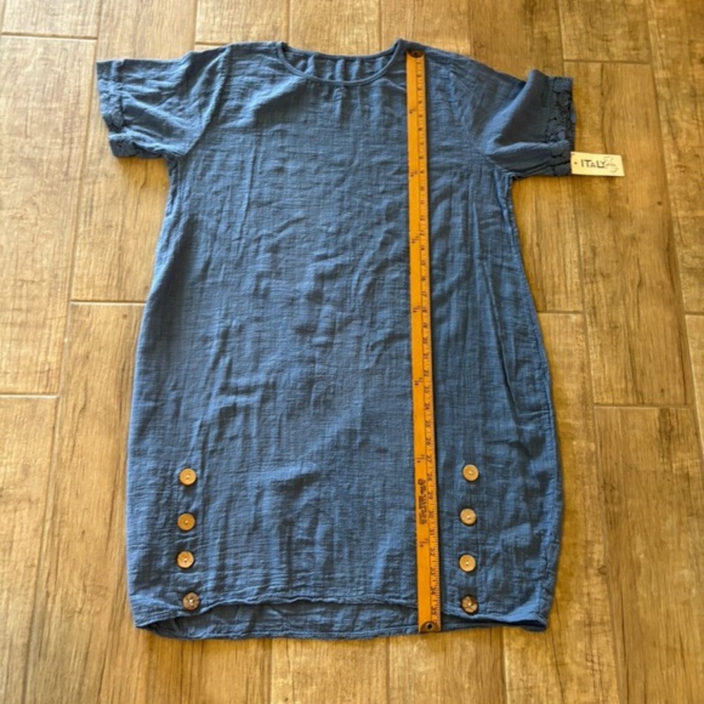 Made In Italy Cool Cotton Shift Dress Short Sleeve Lace Button Trim Size L NWT - Picture 7 of 10
